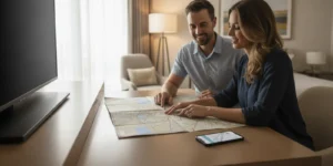 A traveler reviewing a South Florida hotel location and beach plans on a map