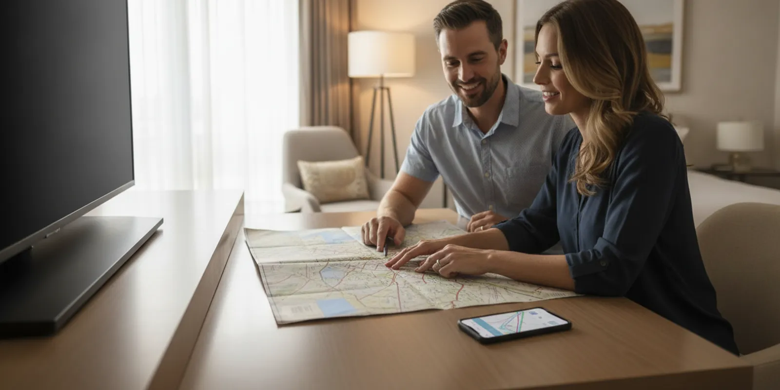 A traveler reviewing a South Florida hotel location and beach plans on a map
