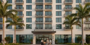 A modern South Florida hotel framed by palms beneath a bright coastal sky
