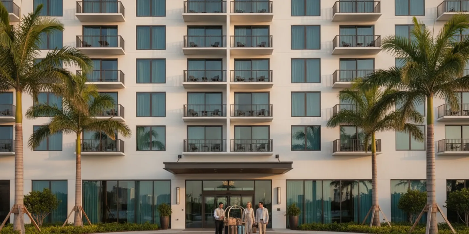 A modern South Florida hotel framed by palms beneath a bright coastal sky