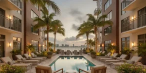 A boutique hotel courtyard near Fort Lauderdale Beach at dusk