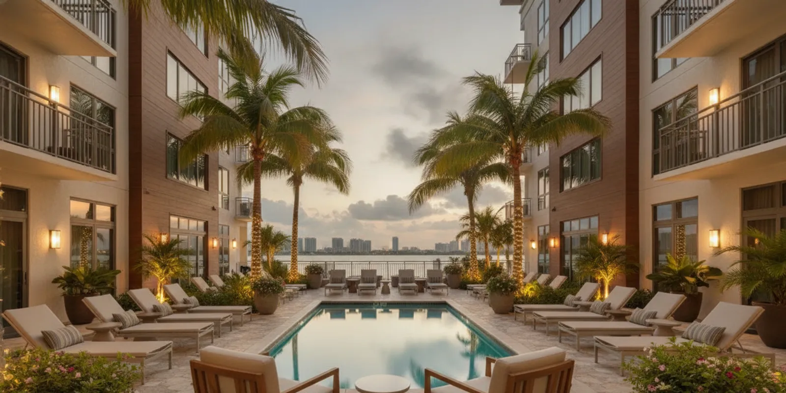 A boutique hotel courtyard near Fort Lauderdale Beach at dusk